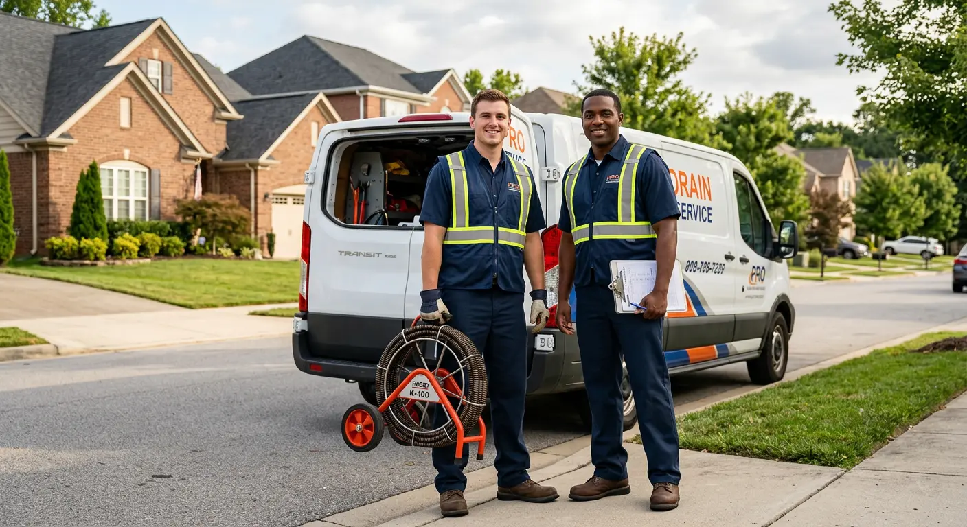 Sewer and drain service team with equipment ready for work in Boonville