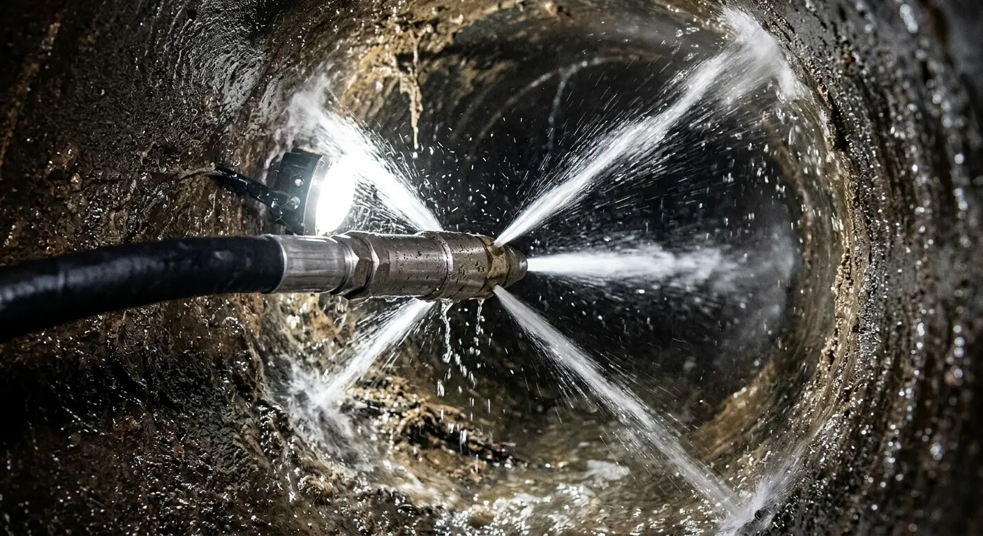 High-pressure hydro jetting nozzle cleaning sewer pipe for Sewer Cleanout in Boonville