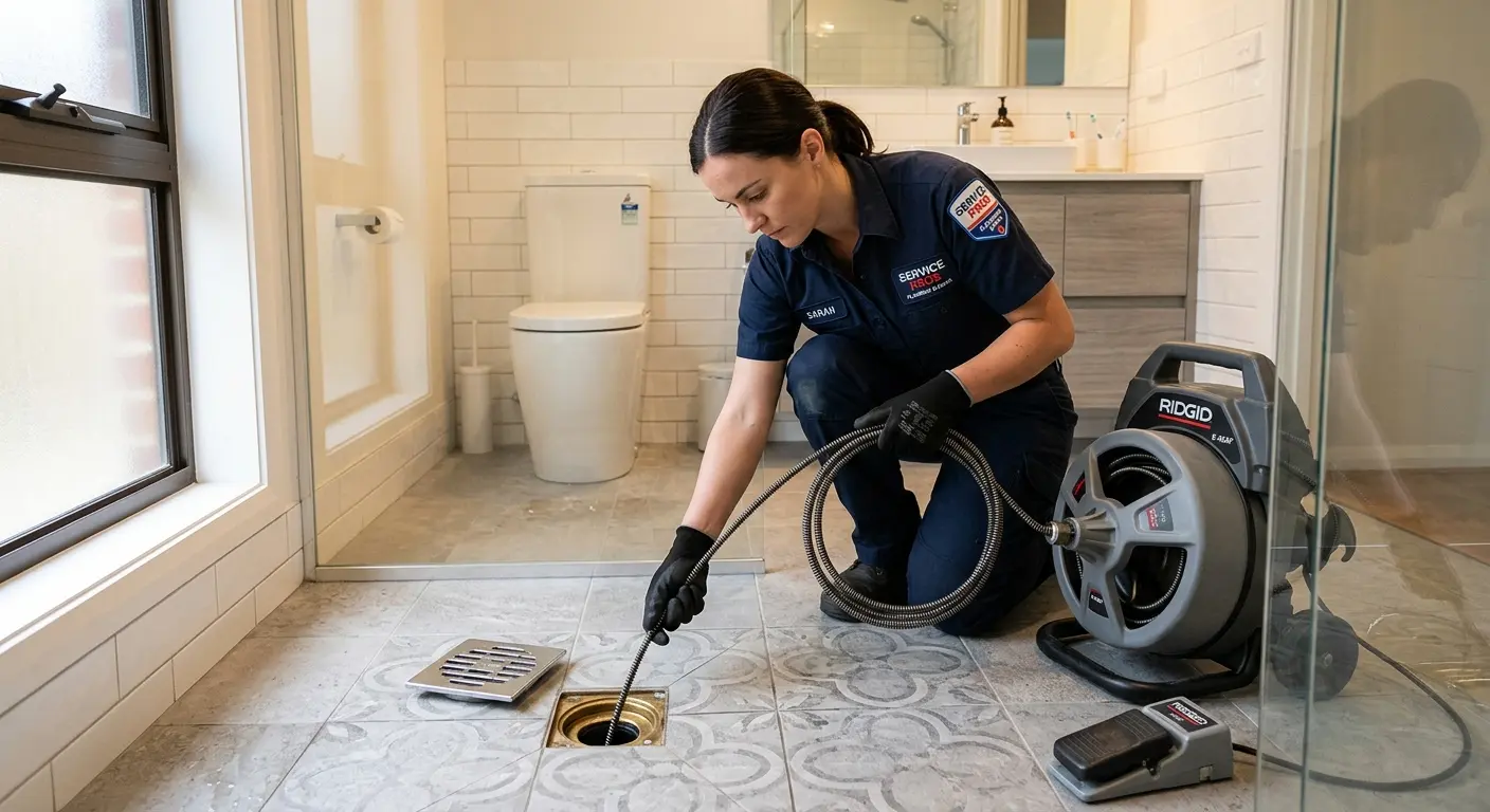 Technician clearing a bathroom floor drain for Sewer Line Replacement in Boonville
